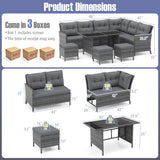 7 Pieces Patio Dining Furniture Set with Soft Cushions and Ottomans-Gray