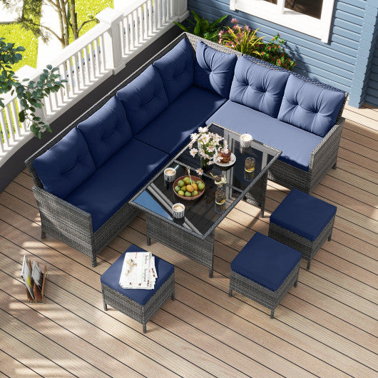 7 Pieces Patio Dining Furniture Set with Soft Cushions and Ottomans-Navy