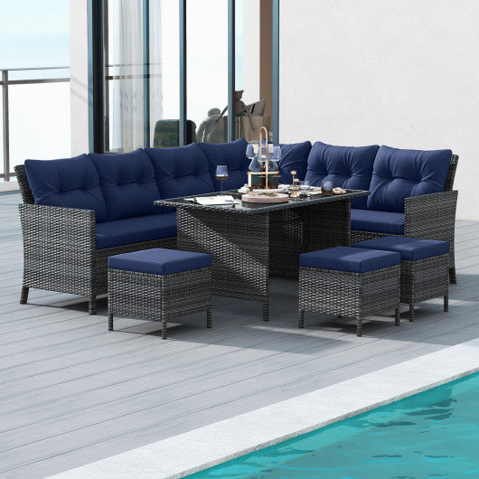7 Pieces Patio Dining Furniture Set with Soft Cushions and Ottomans-Navy