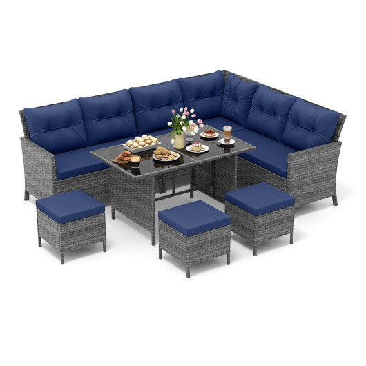 7 Pieces Patio Dining Furniture Set with Soft Cushions and Ottomans-Navy