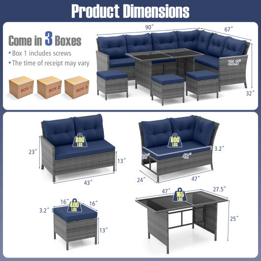 7 Pieces Patio Dining Furniture Set with Soft Cushions and Ottomans-Navy
