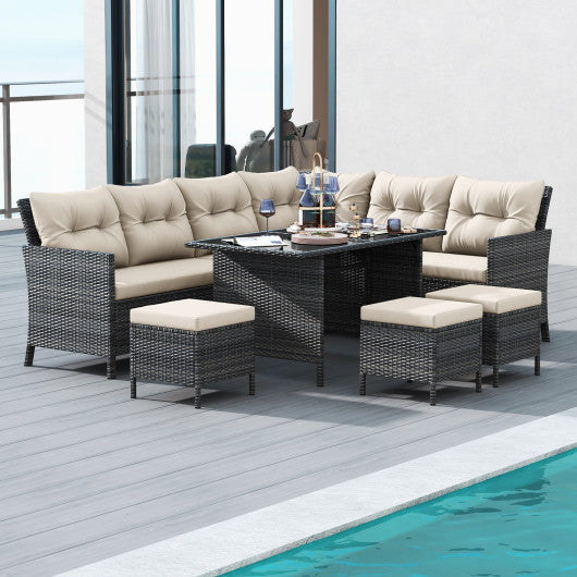 7 Pieces Patio Dining Furniture Set with Soft Cushions and Ottomans-White