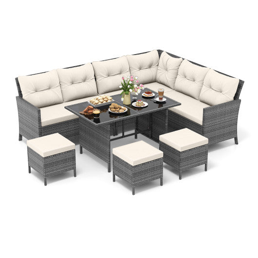 7 Pieces Patio Dining Furniture Set with Soft Cushions and Ottomans-White
