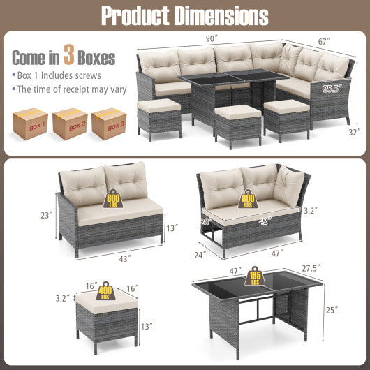 7 Pieces Patio Dining Furniture Set with Soft Cushions and Ottomans-White