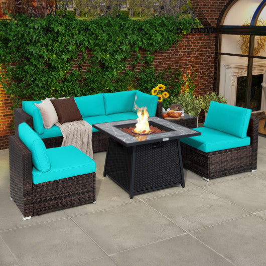 7 Pieces Patio Furniture Set with 35 Inches 50000 BTU Propane Gas Fire Pit Table and Waterproof Cover for Firpit-Turquoise