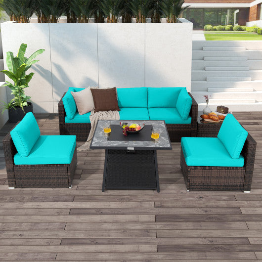 7 Pieces Patio Furniture Set with 35 Inches 50000 BTU Propane Gas Fire Pit Table and Waterproof Cover for Firpit-Turquoise