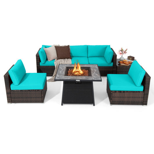 7 Pieces Patio Furniture Set with 35 Inches 50000 BTU Propane Gas Fire Pit Table and Waterproof Cover for Firpit-Turquoise