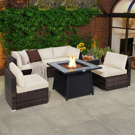 7 Pieces Patio Furniture Set with 35 Inches 50000 BTU Propane Gas Fire Pit Table and Waterproof Cover for Firpit-White