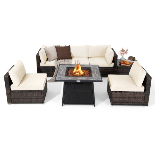 7 Pieces Patio Furniture Set with 35 Inches 50000 BTU Propane Gas Fire Pit Table and Waterproof Cover for Firpit-White