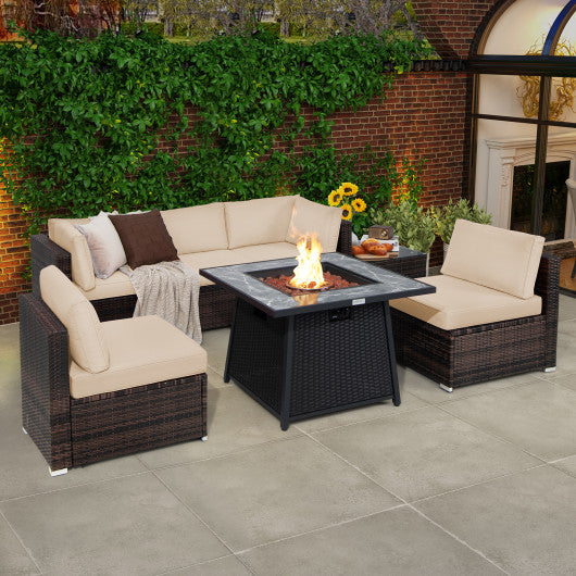 7 Pieces Patio Furniture Set with 35 Inches 50000 BTU Propane Gas Fire Pit Table and Waterproof Cover for Firpit-Beige