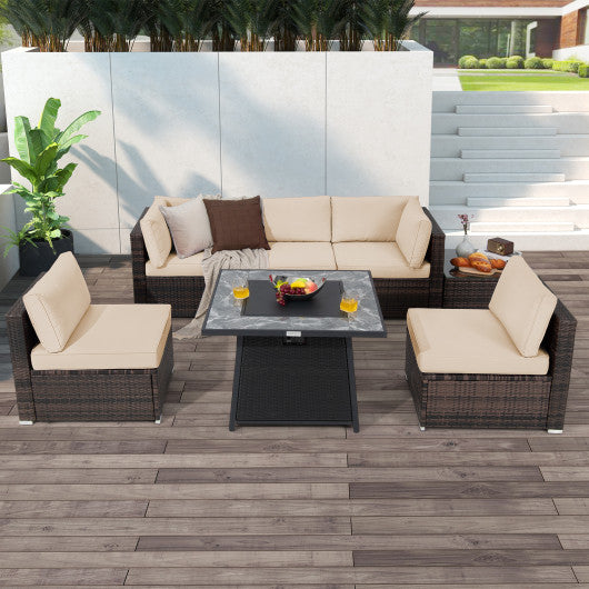 7 Pieces Patio Furniture Set with 35 Inches 50000 BTU Propane Gas Fire Pit Table and Waterproof Cover for Firpit-Beige