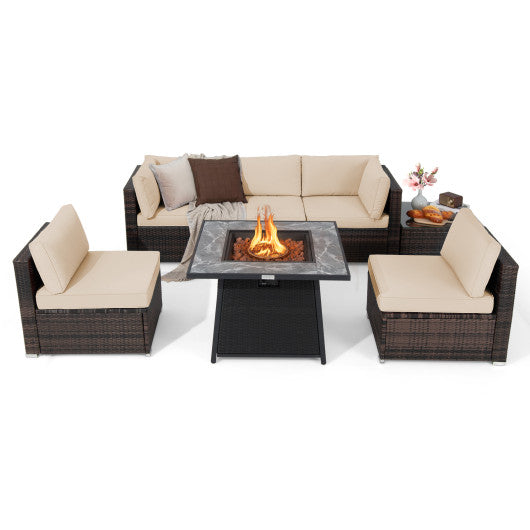 7 Pieces Patio Furniture Set with 35 Inches 50000 BTU Propane Gas Fire Pit Table and Waterproof Cover for Firpit-Beige