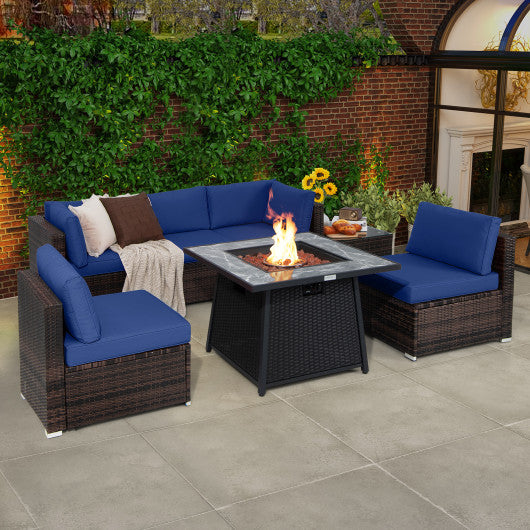 7 Pieces Patio Furniture Set with 35 Inches 50000 BTU Propane Gas Fire Pit Table and Waterproof Cover for Firpit-Navy