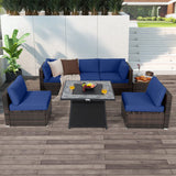 7 Pieces Patio Furniture Set with 35 Inches 50000 BTU Propane Gas Fire Pit Table and Waterproof Cover for Firpit-Navy