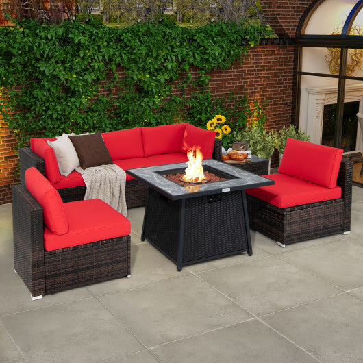 7 Pieces Patio Furniture Set with 35 Inches 50000 BTU Propane Gas Fire Pit Table and Waterproof Cover for Firpit-Red