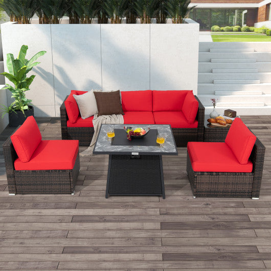 7 Pieces Patio Furniture Set with 35 Inches 50000 BTU Propane Gas Fire Pit Table and Waterproof Cover for Firpit-Red