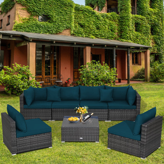 7 Pieces Patio Rattan Furniture Set with Sectional Sofa Cushioned-Green