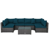 7 Pieces Patio Rattan Furniture Set with Sectional Sofa Cushioned-Green