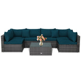 7 Pieces Patio Rattan Furniture Set with Sectional Sofa Cushioned-Green