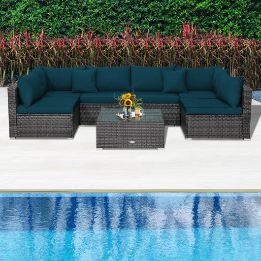 7 Pieces Patio Rattan Furniture Set with Sectional Sofa Cushioned-Green