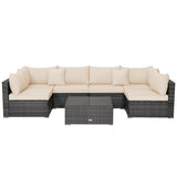 7 Pieces Patio Rattan Furniture Set with Sectional Sofa Cushioned-Beige