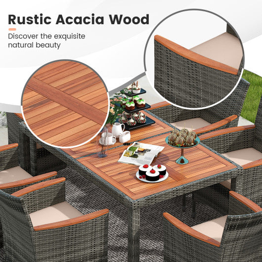 7 Pieces Patio Acacia Wood Cushioned PE Rattan Wicker Dining Set
