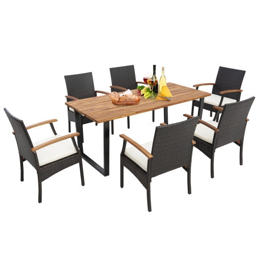 7 Pieces Outdoor Wicker Chair and Dining Table Set-Wood Handrail