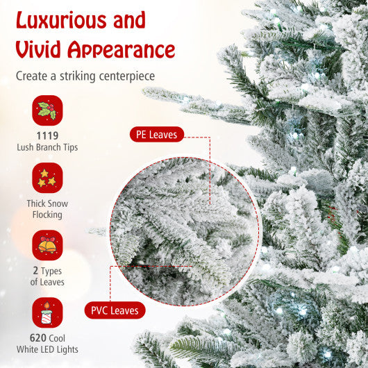 7 Feet Snow Flocked Artificial Christmas Tree with Cool White LED Lights