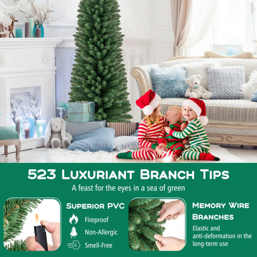 5/6/7/8 Feet Pencil Christmas Tree with 295/392/523/671 Memory Wire Branch Tips and Upgraded Metal Stand-7 ft