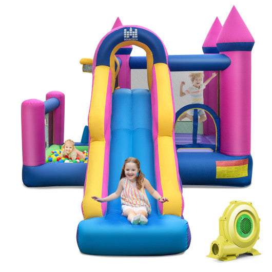 7-in-1 Kids Inflatable Bounce House with Long Slide and 735W Blower