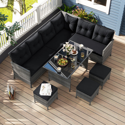 7 Pieces Patio Dining Furniture Set with Soft Cushions and Ottomans-Black