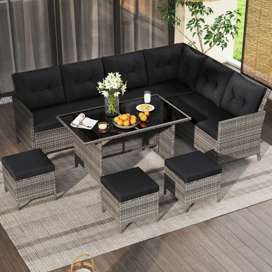 7 Pieces Patio Dining Furniture Set with Soft Cushions and Ottomans-Black