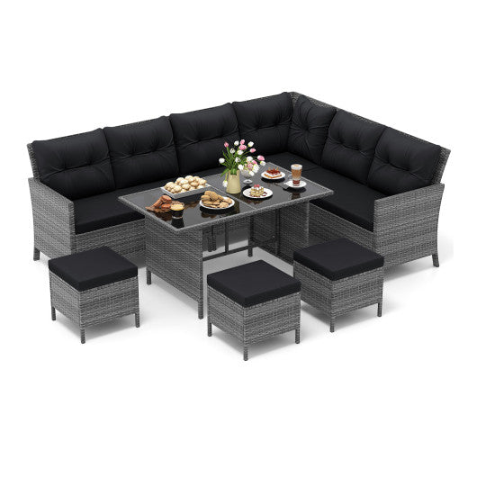 7 Pieces Patio Dining Furniture Set with Soft Cushions and Ottomans-Black