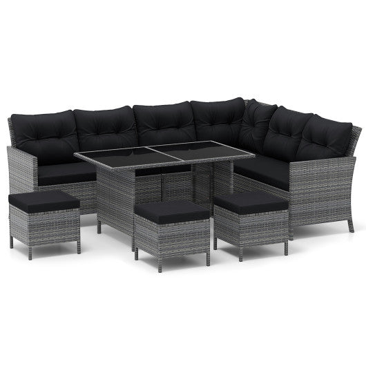 7 Pieces Patio Dining Furniture Set with Soft Cushions and Ottomans-Black