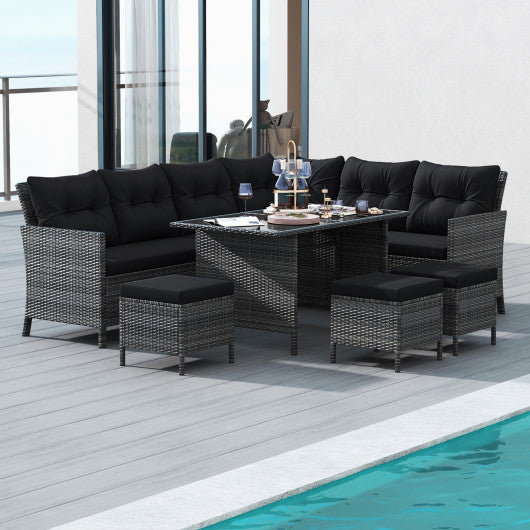 7 Pieces Patio Dining Furniture Set with Soft Cushions and Ottomans-Black