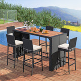 7 Pieces Patio Rattan Bar Set with Seat Cushions for Porch Yard Garden