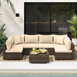 7 Pieces Patio Rattan Furniture Set with Sectional Sofa Cushions-Beige