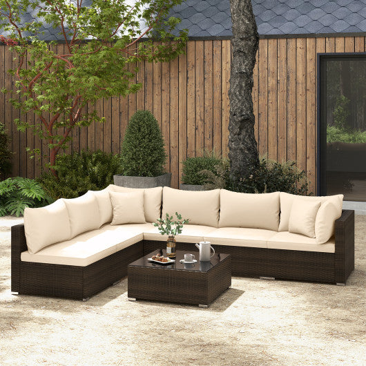 7 Pieces Patio Rattan Furniture Set with Sectional Sofa Cushions-Beige