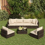 7 Pieces Patio Rattan Furniture Set with Sectional Sofa Cushions-Beige