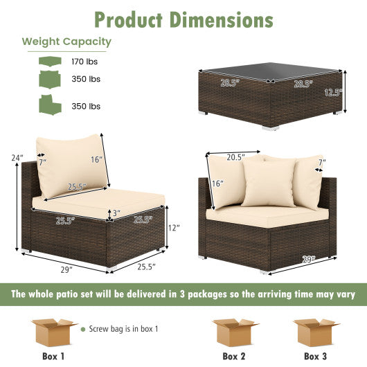 7 Pieces Patio Rattan Furniture Set with Sectional Sofa Cushions-Beige