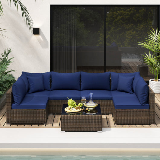 7 Pieces Patio Rattan Furniture Set with Sectional Sofa Cushions-Navy