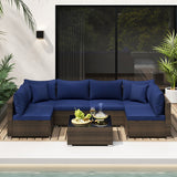 7 Pieces Patio Rattan Furniture Set with Sectional Sofa Cushions-Navy