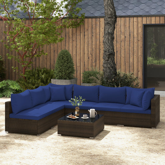 7 Pieces Patio Rattan Furniture Set with Sectional Sofa Cushions-Navy