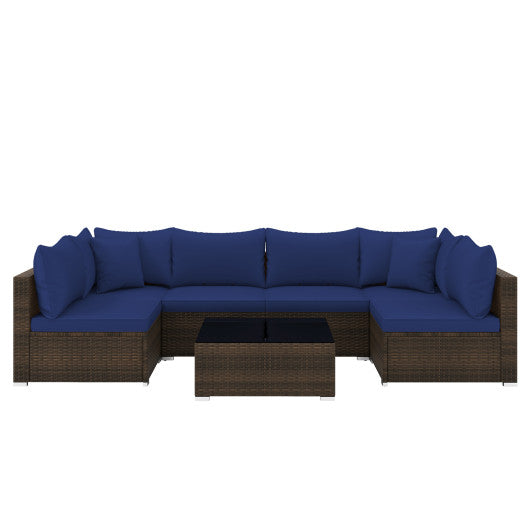 7 Pieces Patio Rattan Furniture Set with Sectional Sofa Cushions-Navy