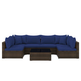 7 Pieces Patio Rattan Furniture Set with Sectional Sofa Cushions-Navy