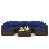 7 Pieces Patio Rattan Furniture Set with Sectional Sofa Cushions-Navy