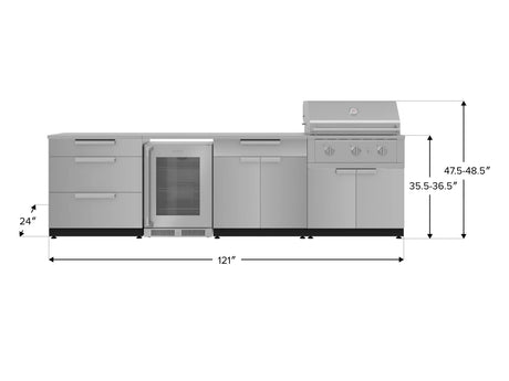 Outdoor Kitchen Stainless Steel 7 Piece Cabinet Set with 3-Drawer, Bar, Grill Cabinet, Performance Grill, Countertops, and Glass Door Fridge