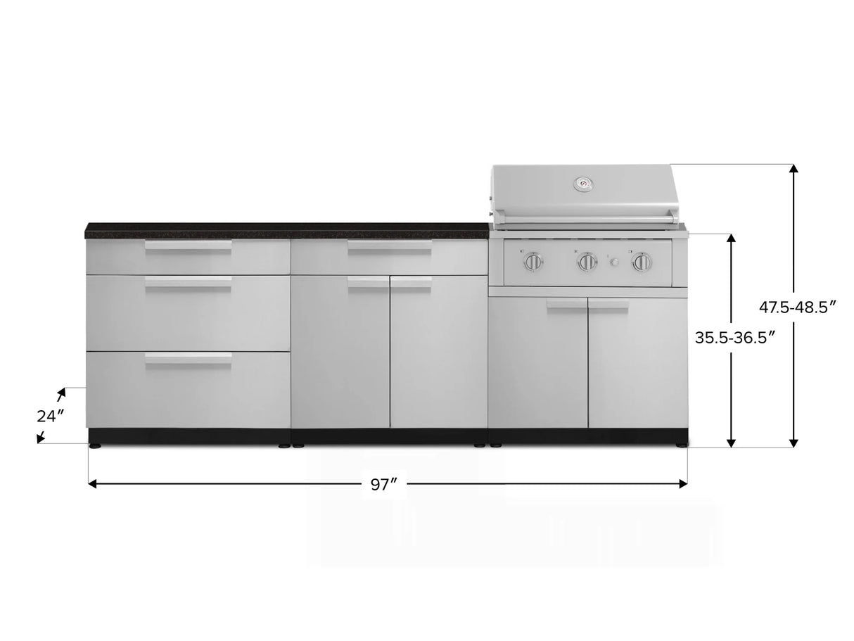 Outdoor Kitchen Stainless-Steel 5 Piece Cabinet Set with 3-Drawer, Bar, Grill Cabinet, Performance Grill and Countertop