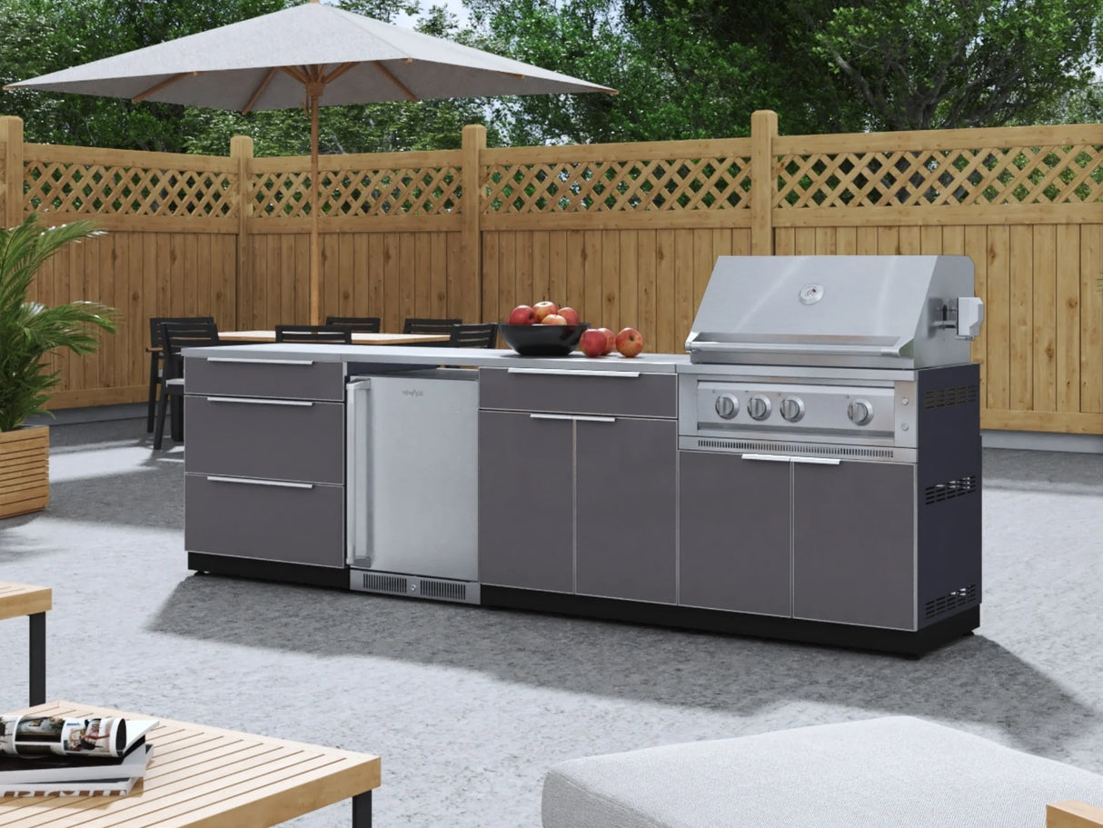 Outdoor Kitchen Aluminum 6 Piece Cabinet Set with Platinum Grill, Dual Side Burner, Bar and Grill Cabinet and Stainless Steel Countertop