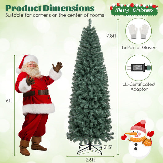 7.5 Feet Pre-Lit Blue Artificial Christmas Tree Slim with 9 Lighting Modes-7.5 ft